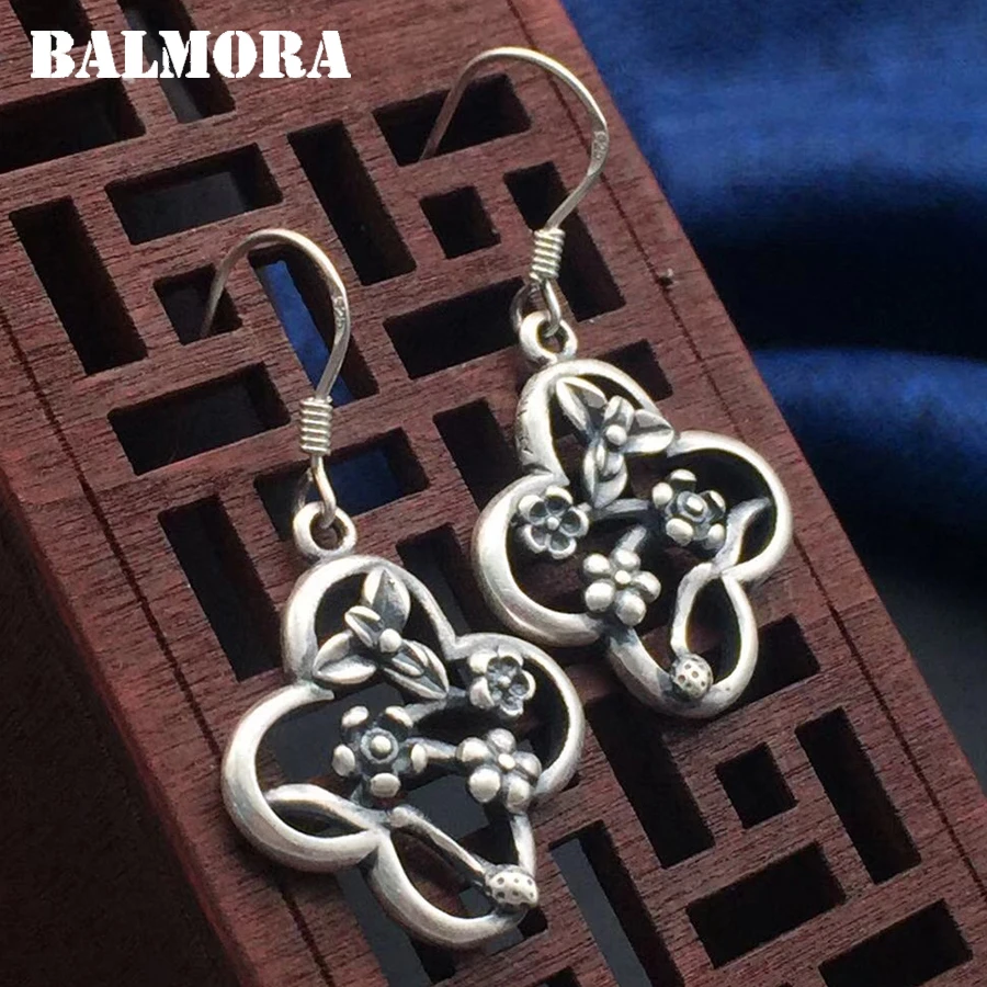 

BALMORA 990 Pure Silver Plum Flower Earrings for Women Mother Gift Brincos Vintage Earrings Thai Silver Jewelry Aretes SY31722