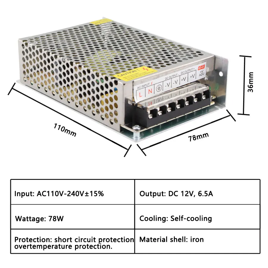 Импульсивный источник питания AC-DC Fonte 12В импульсный источник Питание 12V 1A 2A 3A 5A 6A 8A 10A 12A 15A 20A 30A 33A 40A 50A AC DC Питание импульсивный источник питания Fonte - Цвет: 12V 6.5A 78W