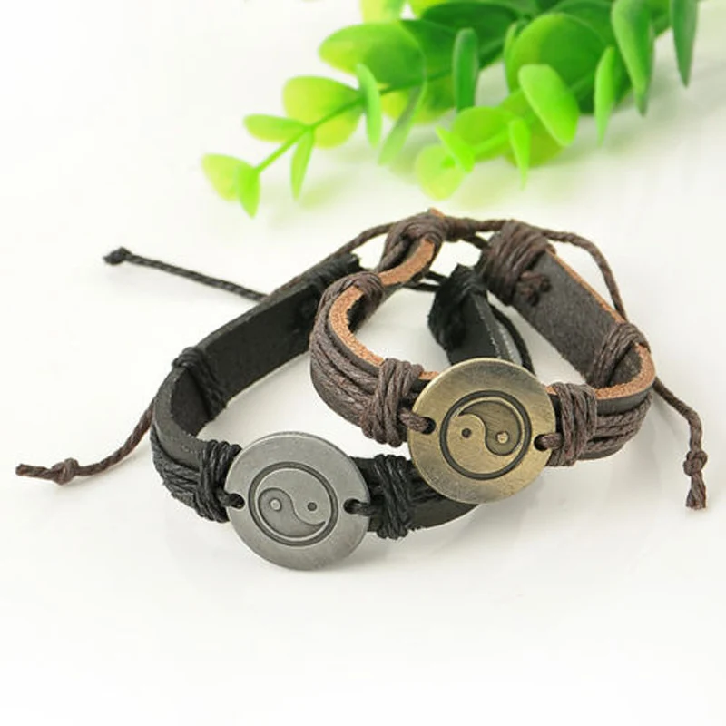 Charms Unisex Leather Bracelet Shellhard Punk Handmade Braided Wristband Yin Yang Bracelets & Bangles For Women Men Jewellery
