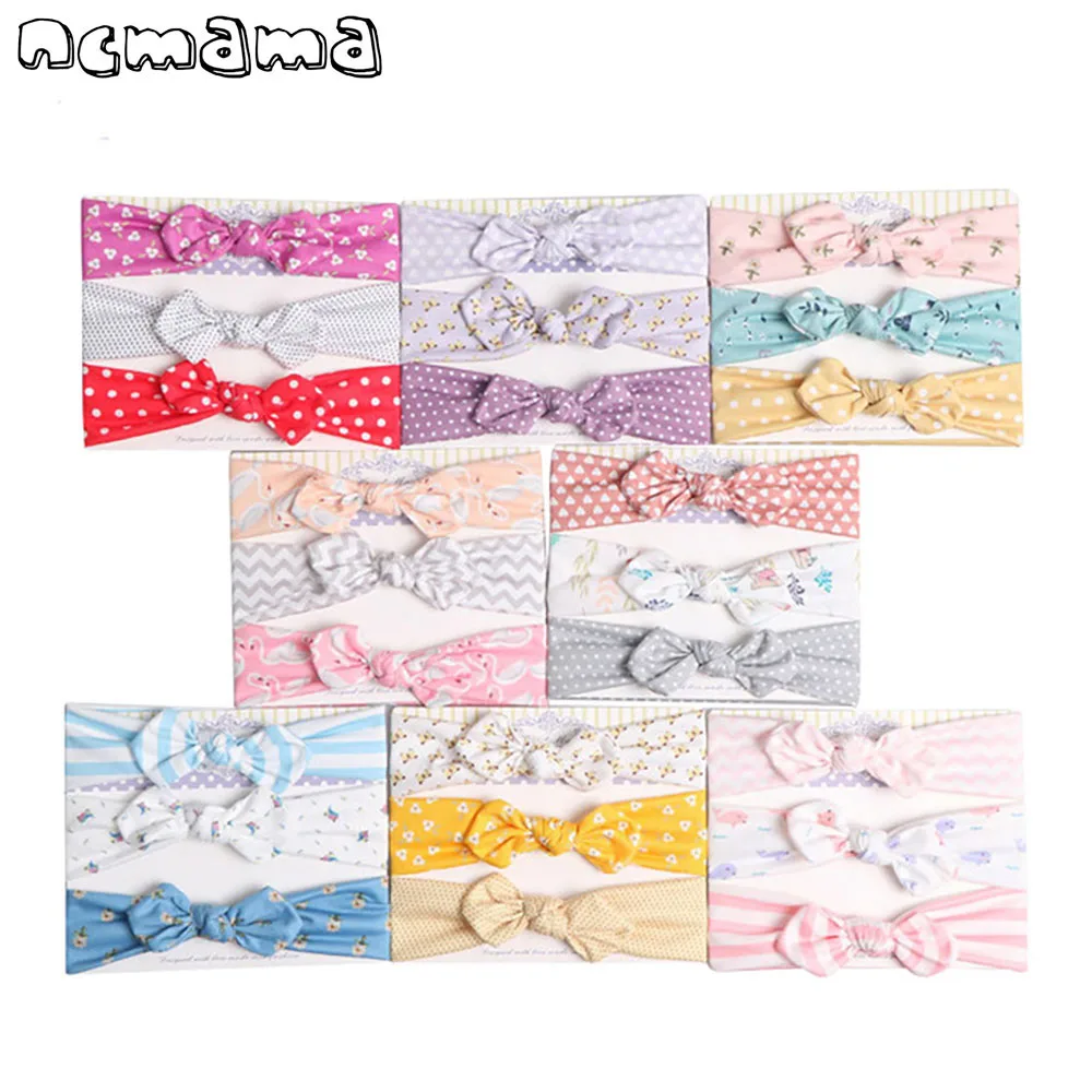 

3 Pcs/Card Cotton Rabbit Ears Headbands Knotted Stretchy Headband Handmade Printed Turban For Newborn Hair Accessories