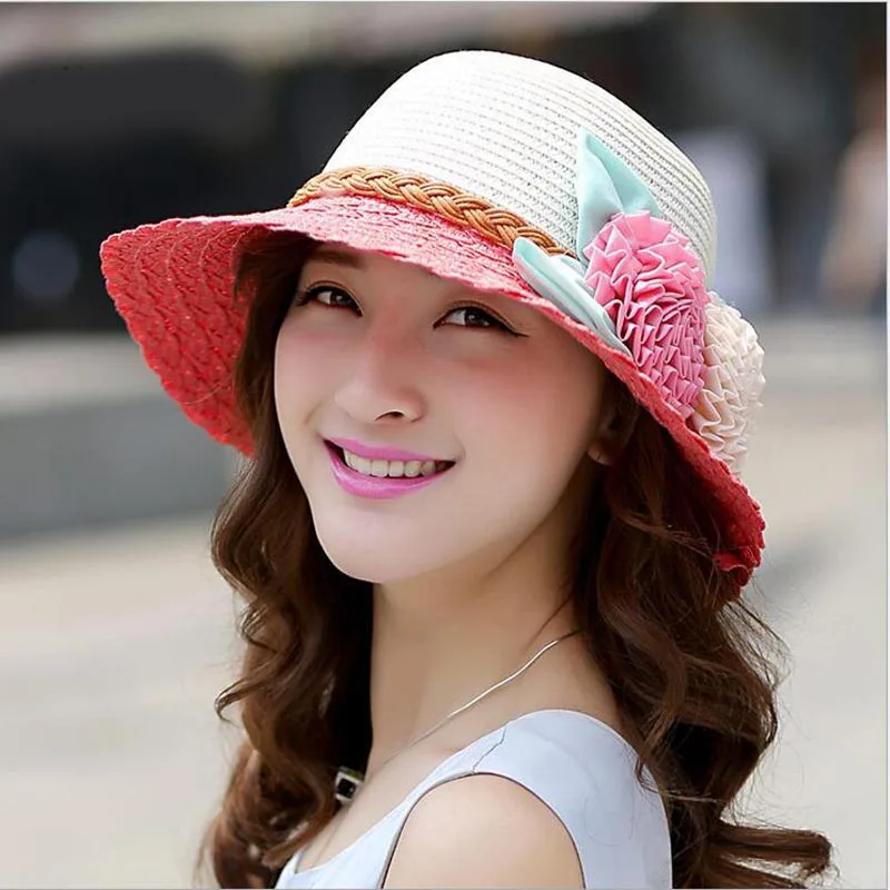 2017 أزياء المرأة طوي واسعة كبيرة بريم Ladies'Cap شاطئ الزهور الشمس قبعات قبعة من القش المرن قبعات صيفية للنساء 2017 أزياء المرأة طوي واسعة كبيرة بريم Ladies'Cap شاطئ الزهور الشمس قبعات قبعة من القش المرن قبعات صيفية للنساء