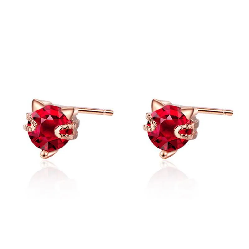 

Fashion Simple Rose Gold Color Red Zircon Cute Love Heart Cats Stud Earring For Children Girls Women Earring Gift Jewelry