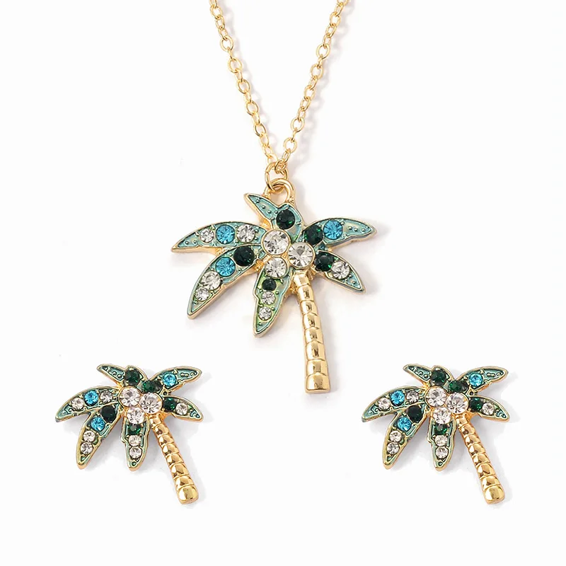 

Jewelry Set For Women Coconut Tree Pendant Necklaces Earrings Sets New Gold Trendy Plant Jewelry Party Gift Statement Punk Style