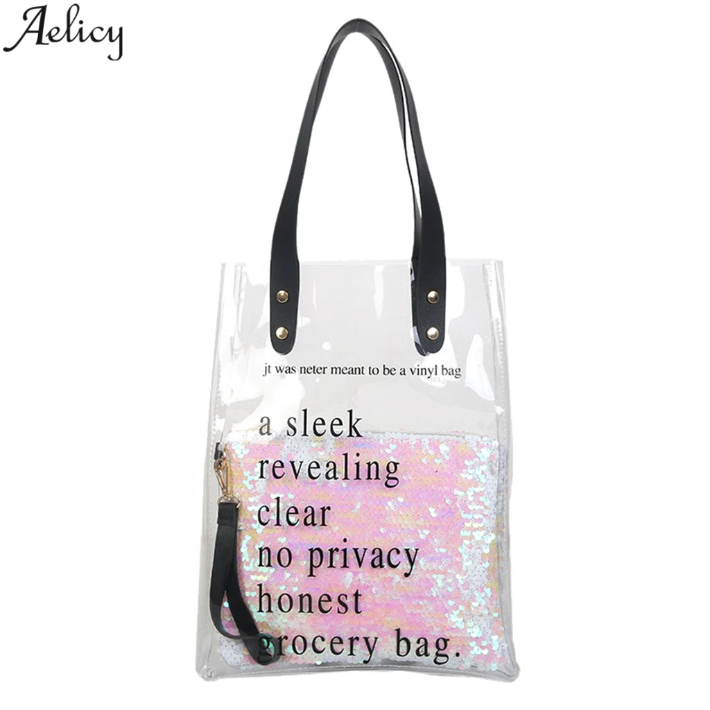 

Aelicy Women's Transparent Messenger Bag 2 Pcs Letter Decoration Solid Square Bag Sequins Messenger Bag For Women And Girls New