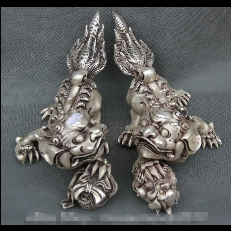 

zhmeru00459@++10" Chinese Feng Shui Silver Fu Foo Dog Guardion Lion Ball Statue Sculpture Pair