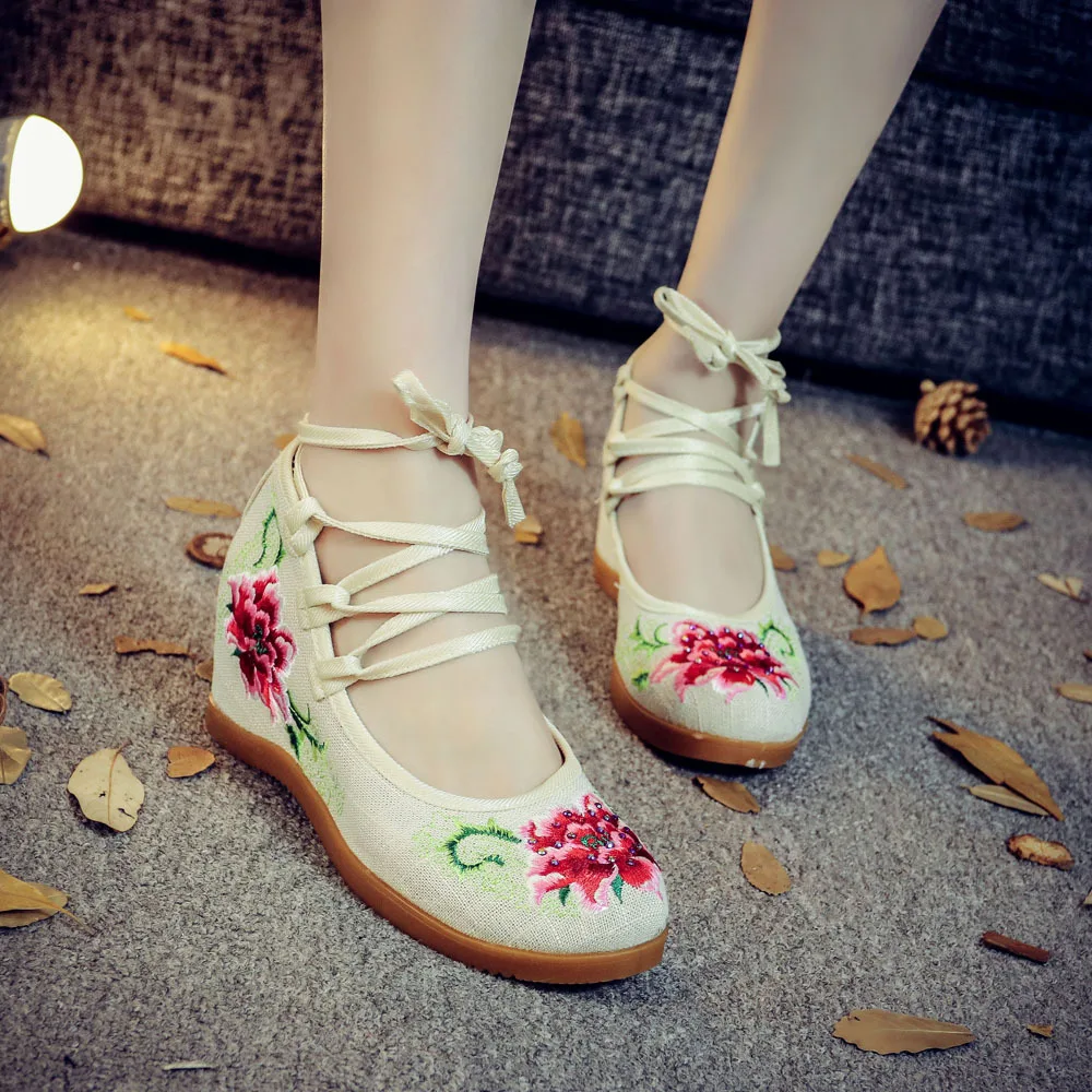 Классические женские туфли в стиле «Старый Пекин»; Туфли mary jane на плоской подошве; Повседневная обувь в китайском стиле; Тканевая обувь с вышивкой; женские парусиновые туфли - Цвет: Бежевый