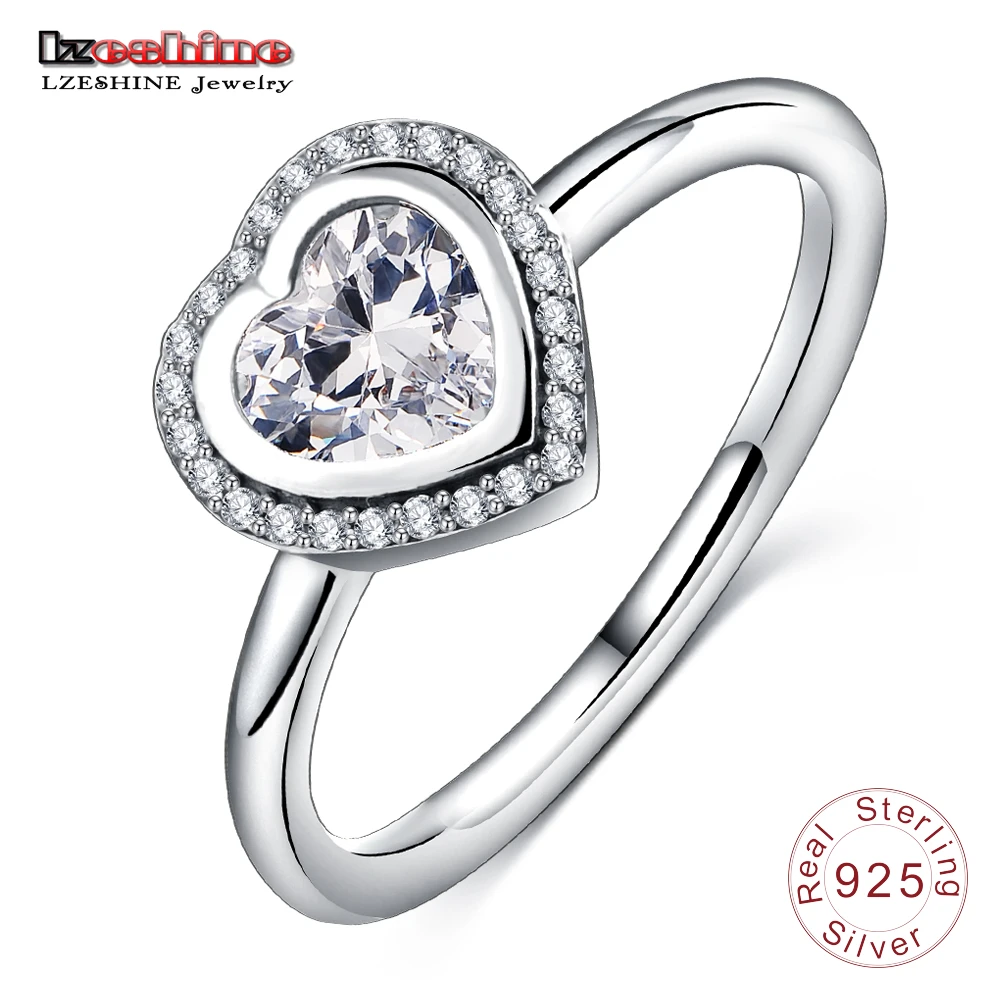 LZESHINE 925 Sterling Silver Sparkling Love Ring Clear CZ Heart Shape