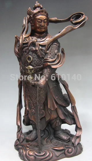 

16 Chinese Folk Pure Red Copper Bronze God of War WeiTuo Wei Tuo Warrior Statue