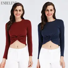 Весна Новые футболки женские длинный рукав короткая футболка для женщин синий бордовый Дамская мода тонкий Midriff сексуальные топы BH053