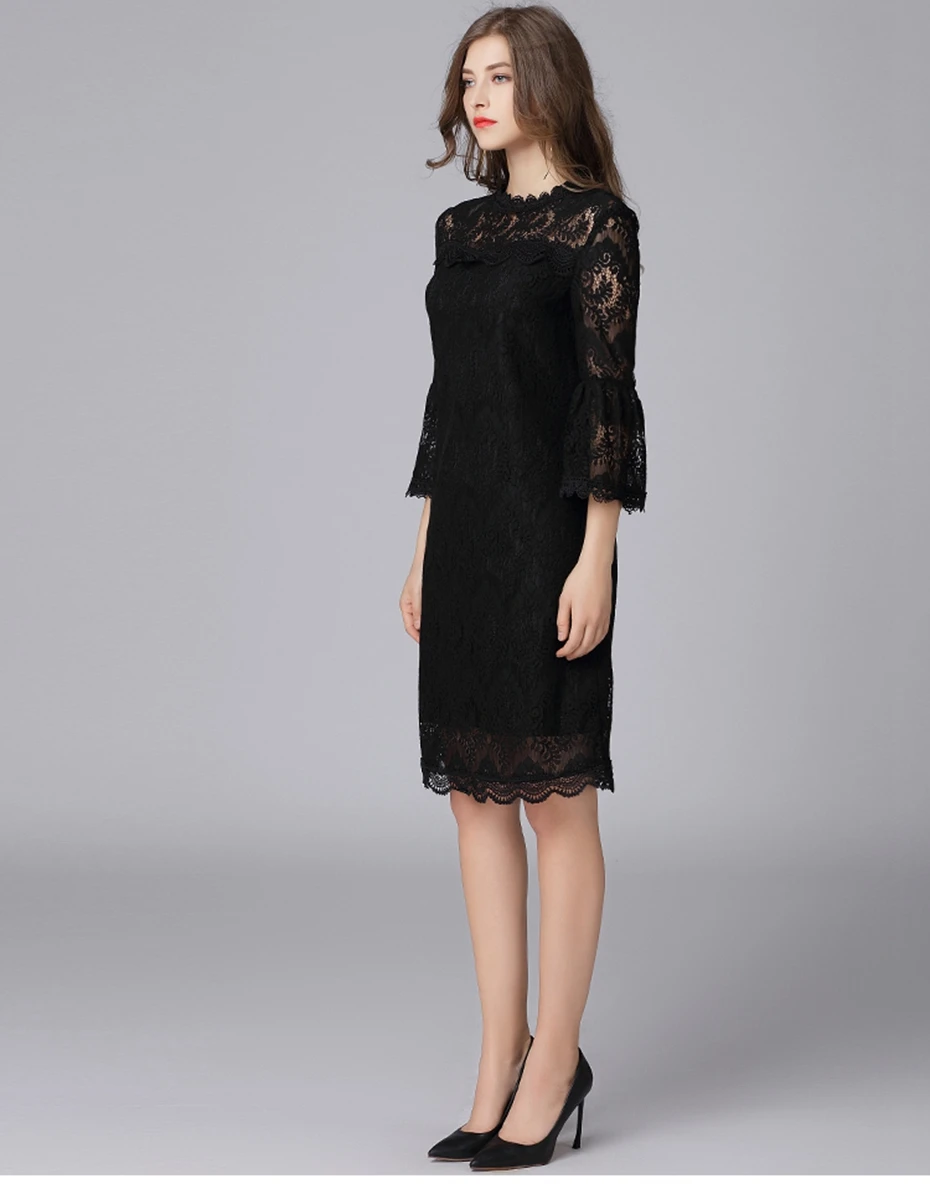 Elegant Black Hollowed Up Lace Flare Sleeve Collar Zipper Fly Dress in Dresses