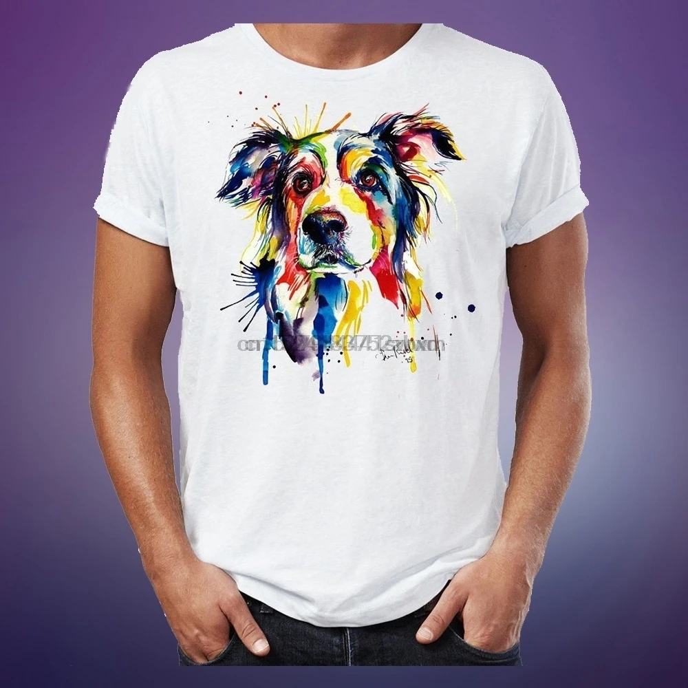 

Border Collie Water colour Art Dog Athletic Men Basic Cotton T-Shirt