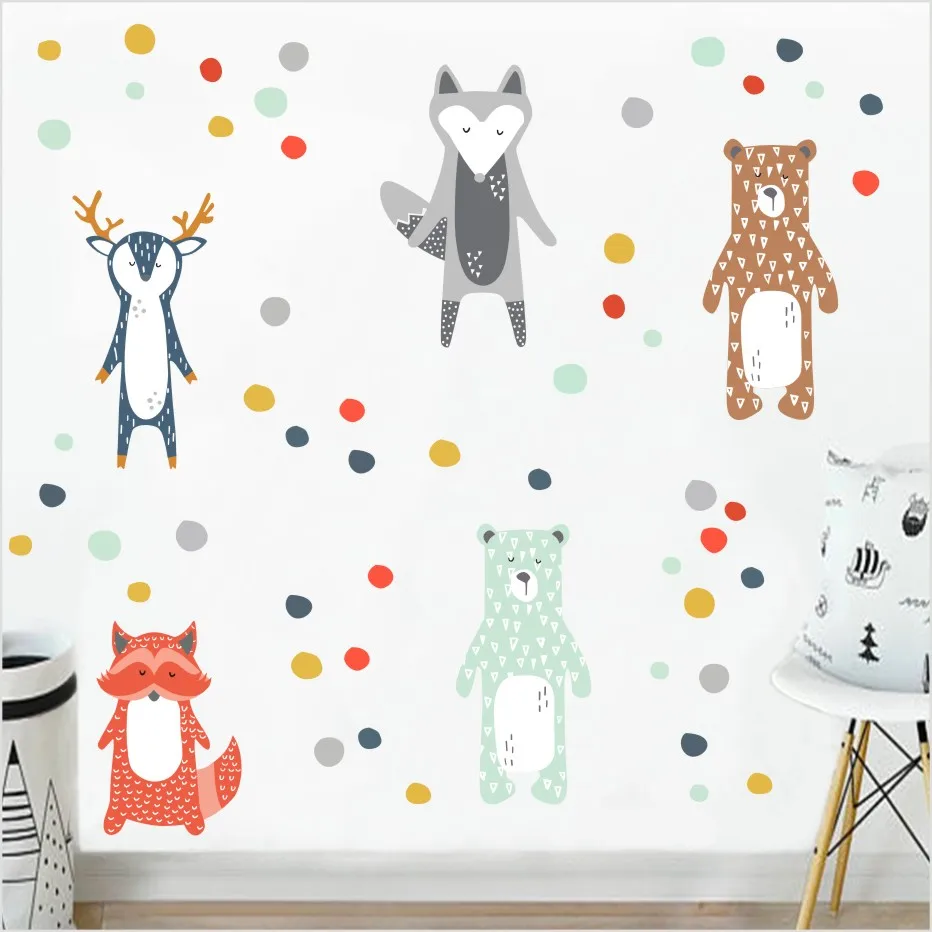  Cartoon Forest Animals Wall Sticker Giraffe Bear Fox Decals Colorful Dots Art Kindergarten For Nurs - 32880240262