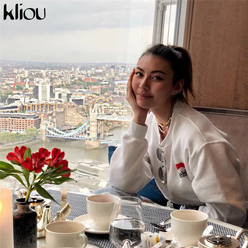 Kliou 2018 الخريف المرأة الأزياء الأبيض قصيرة 100% القطن بلوزات كم كامل س الرقبة إلكتروني طباعة الإناث تجريب قمم الملابس