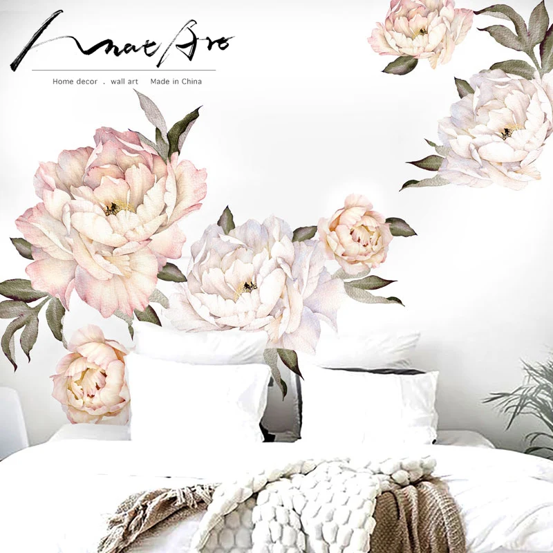 Peony Flowers Wall Sticker Vintage Peach Watercolor Peony Living