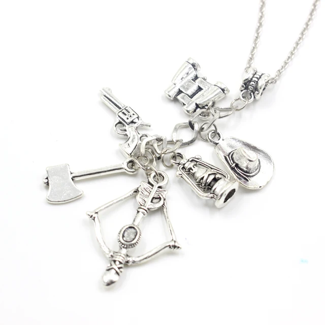 Best Price The Walking Dead necklace vintage Zombie hat telescope bow and arrow gun axe water bottle pendant for men and women wholesale