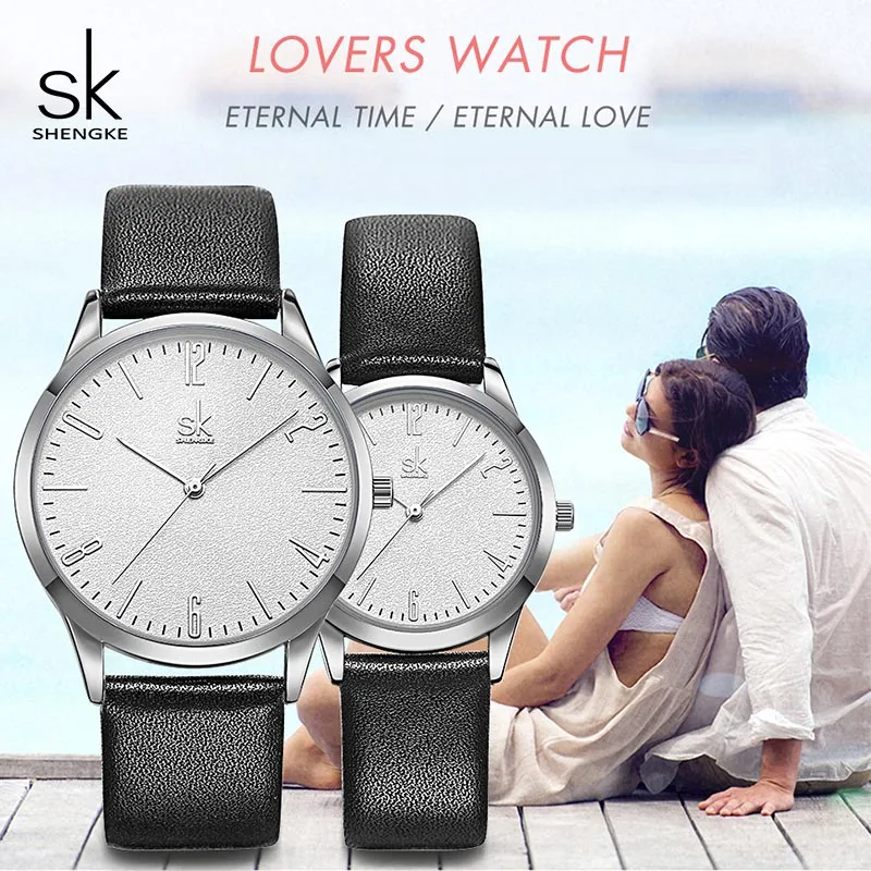 2019 Shengke Кожаные Парные часы черно-белые женские Мужские Простые Модные кварцевые наручные часы Montre Femme Montre Homme