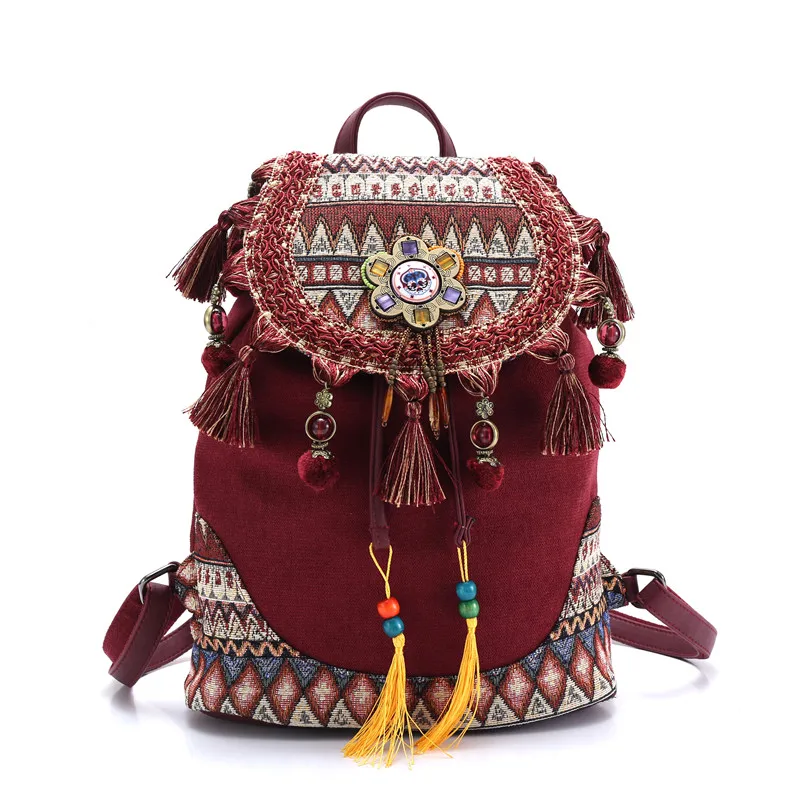  backpack for women Bohemian style hippie Boho vintage ladies canvas tassel shoulder bag Cotton Fabr - 32852174963
