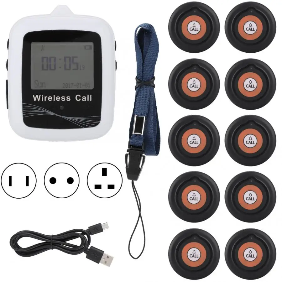 

CTW07+CTT19 Waiter Calling System Wireless Pagers Watch Receiver + 10 Emitter Customer Beepers 433MHZ Chinese English caller