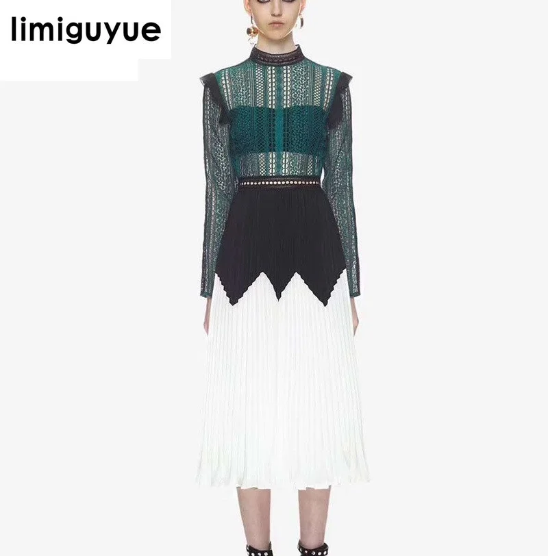 Limiguyue женская обувь, пропускающая воздух; пикантные Плиссированное кружевное платье в стиле пэчворк вечерние Женское платье для подиума Новые платье для автопортретов Z0116