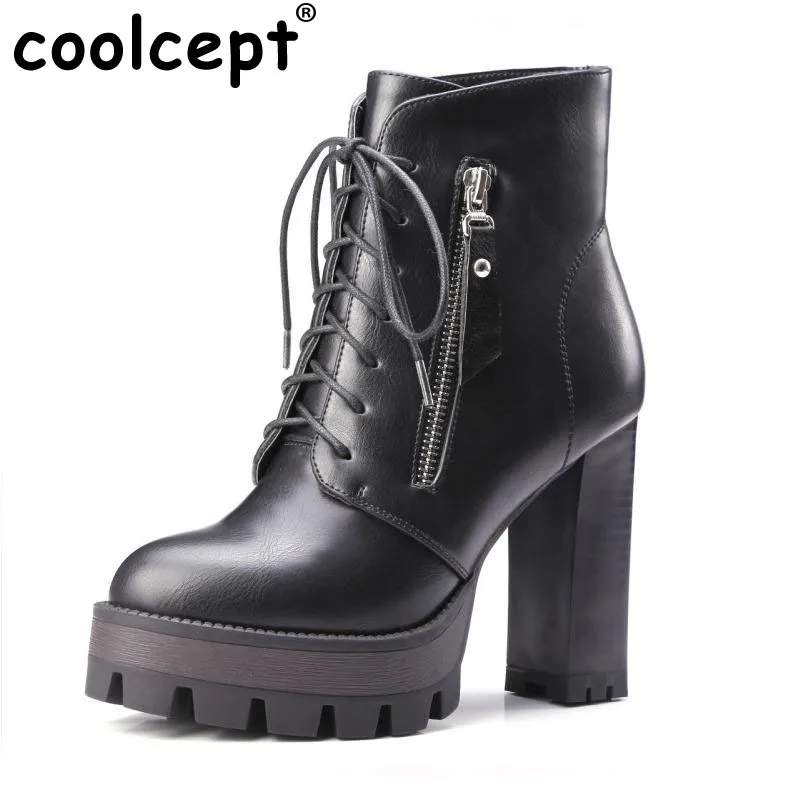 

Coolcept High Heels Platform Women Boots Zipper Cross Strap Ankle Shoes Women Thick Heels Spring Autumn Footwear Size 33-42