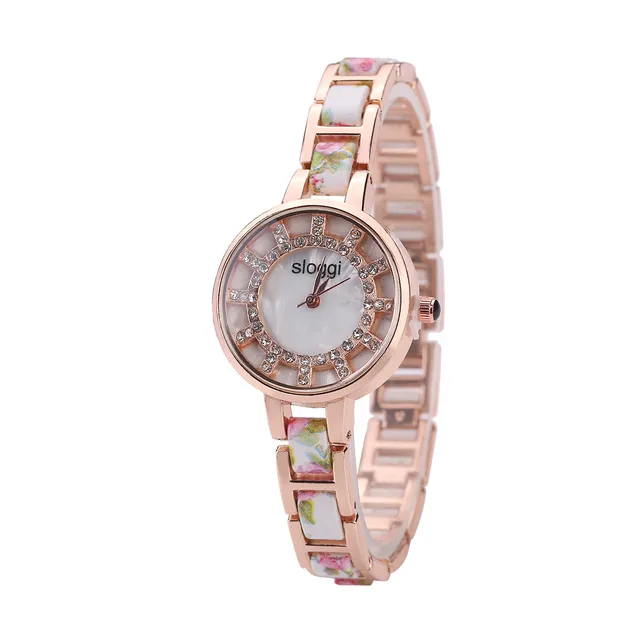Women Flower Printed Alloy Band Full Diamond Bracelet Watch Analog Quartz Wrist Women Flower Printed Alloy Band Full Diamond Bracelet Watch Analog Quartz Wrist