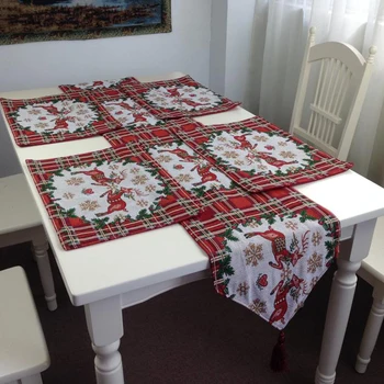 

European British Style Table Runner Set Polyester Cotton Cloth Double Deers Plaid Pattern Table Mat And Table Runner Christmas