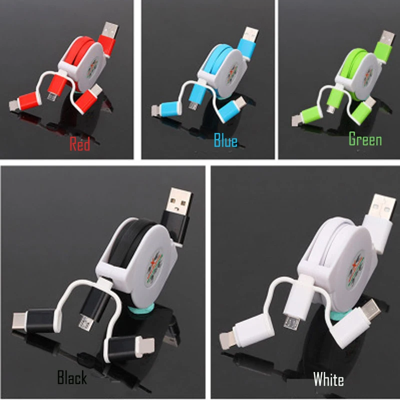 

1Pcs 1 meter 3 in 1 telescopic data&charging cable for Android Micro&Type-C Multi-function charging data line for Apple phone