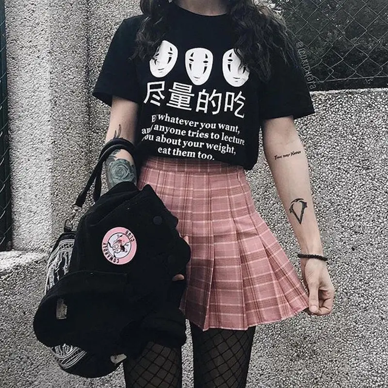 

Japanese Anime Eat Whatever You Want Funny Sayings T-Shirt Women Harajuku Fashion Cute Casual Black Tops Clothing Drop Shipping
