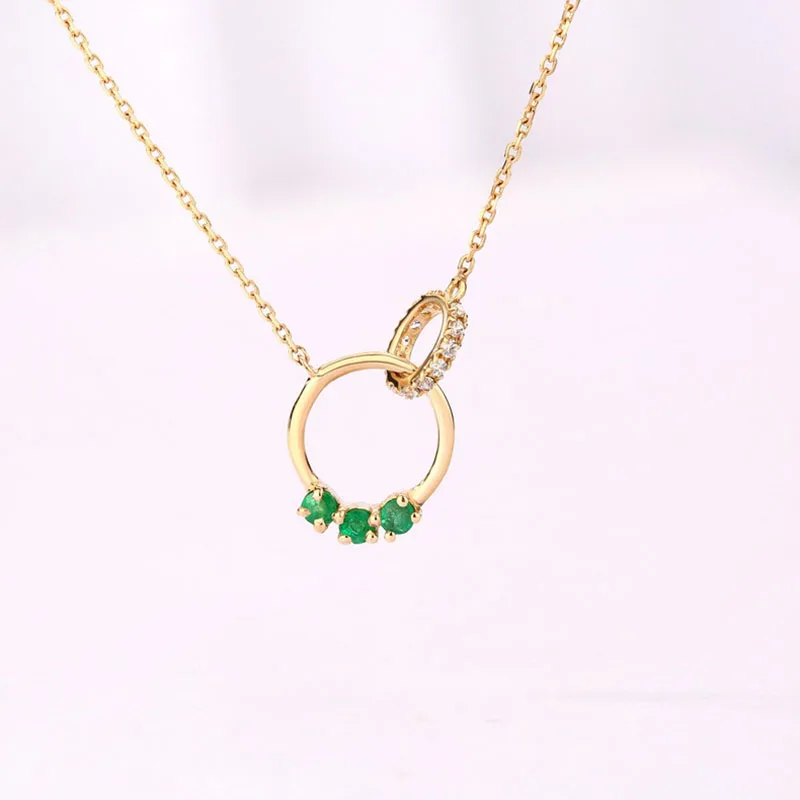 

ANI 14K Yellow Gold Pendant Necklace 1.5mm Natural Emerald Fine Color Gemstone Jewelry Fashion Women Engagement Necklace Chain