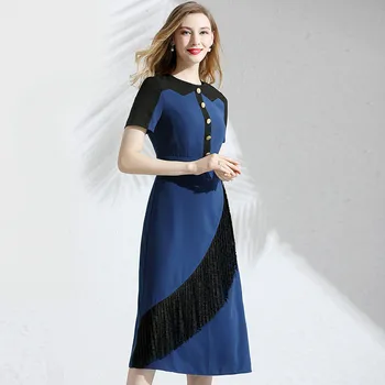 

Midi Dress 2019 Summer Women's Fashion Simple Lace Patchwork Round Neck Short Sleeved Slim Elegant Dress Female M-XXL