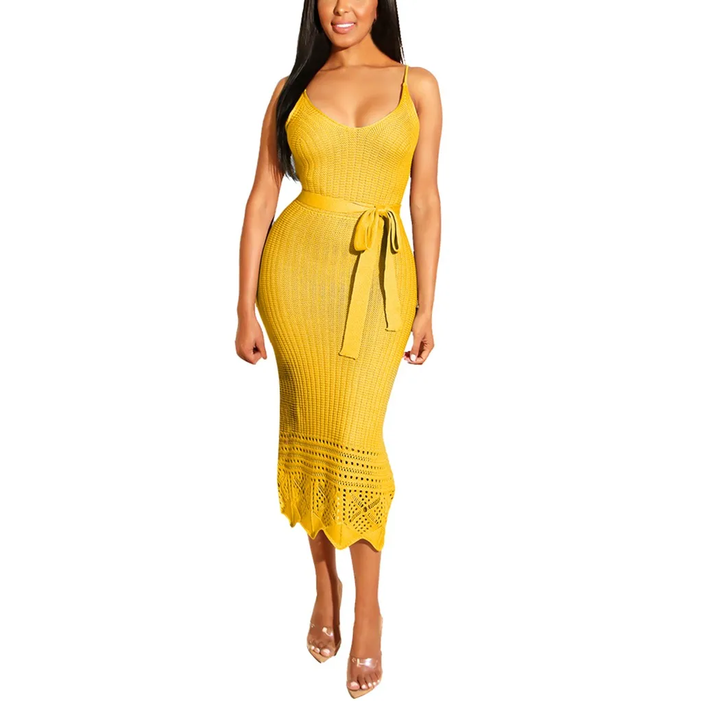 

JAYCOSIN Summer Women Backless Sexy Strap Casual Solid Color Sleeveless Beach Party Club Knitted Dress With Belt dropshipping