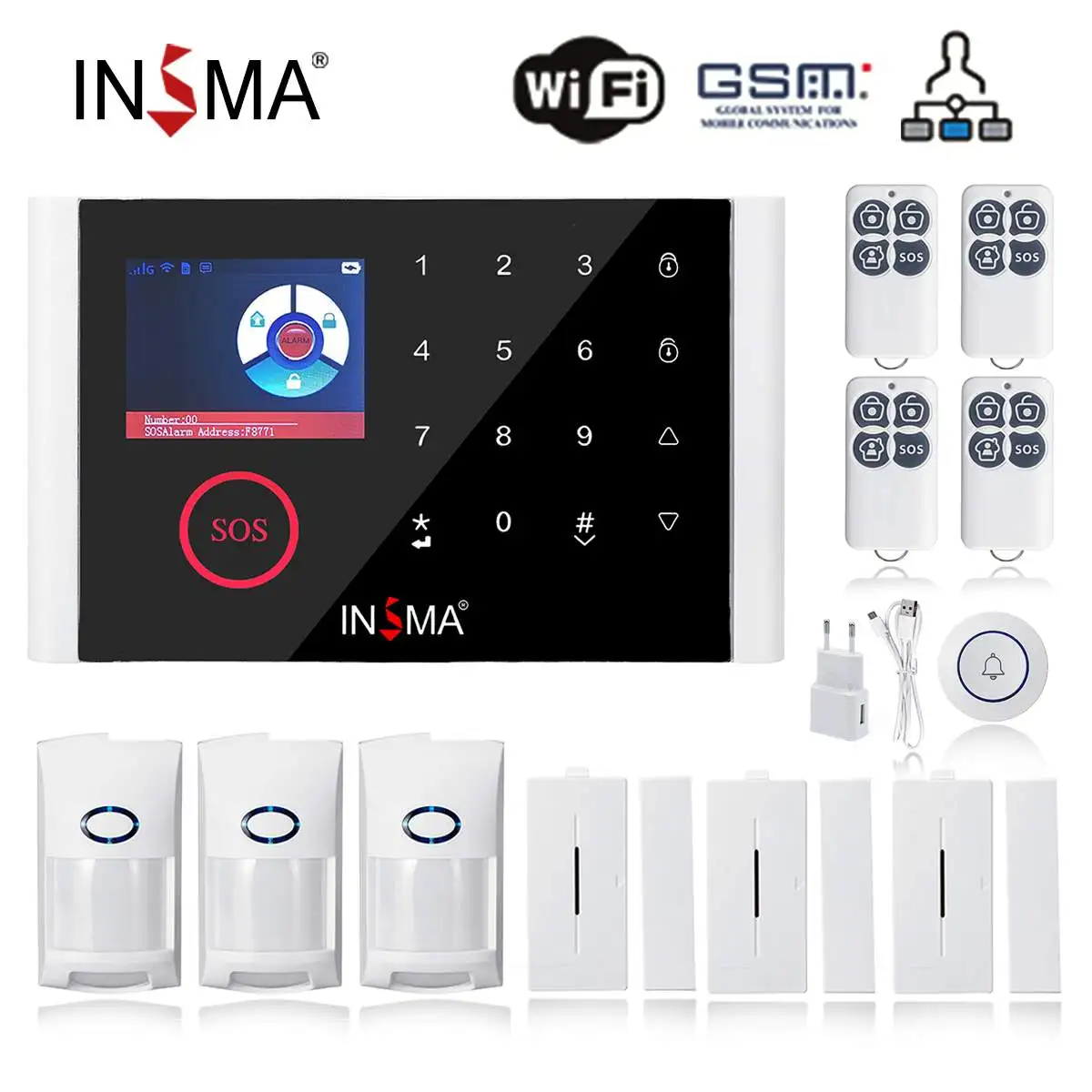 

Wireless Home Security WIFI GSM GPRS Alarm System Sensor Kit Doorbell APP Control PIR Detector Burglar Security with EU Plugs