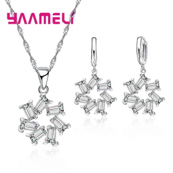 

Real 925 Sterling Silver Cubic Zircon Crystal Fashion Jewelry Sets Pendant Choker Necklace Huggie Earrings Best Quality