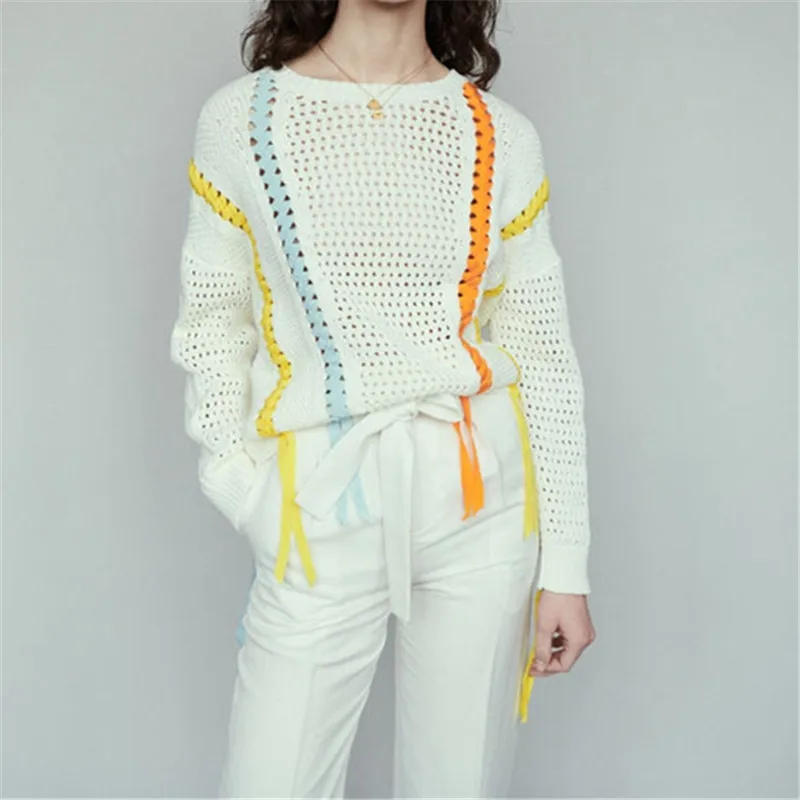 

2019 spring new Personality O neck long sleeve color ribbon hollow out women casual loose knitted sweater