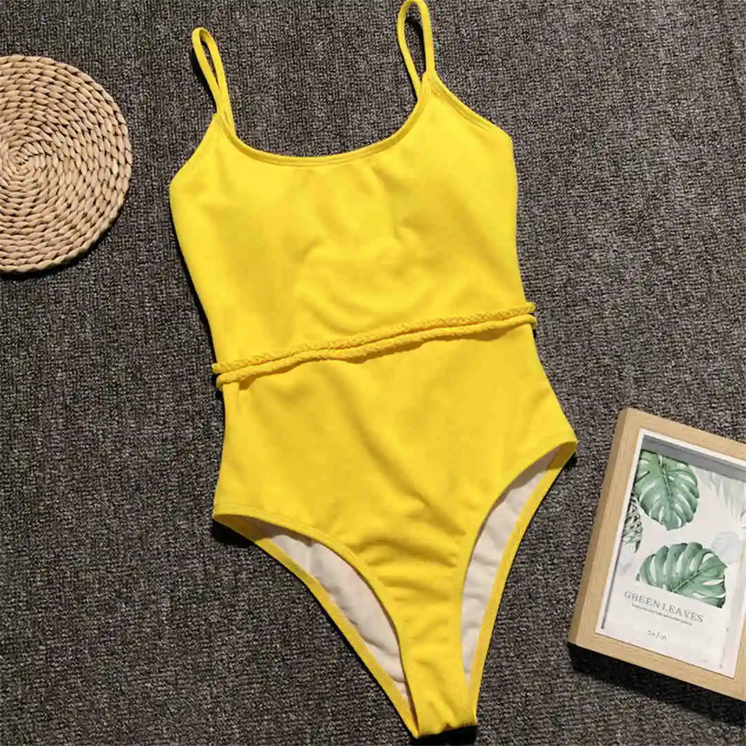 Ребристая Женская одежда для плавания, сексуальный цельный купальник, женский купальник с поясом, купальник, Дамский Монокини V1337 - Цвет: Цвет: желтый