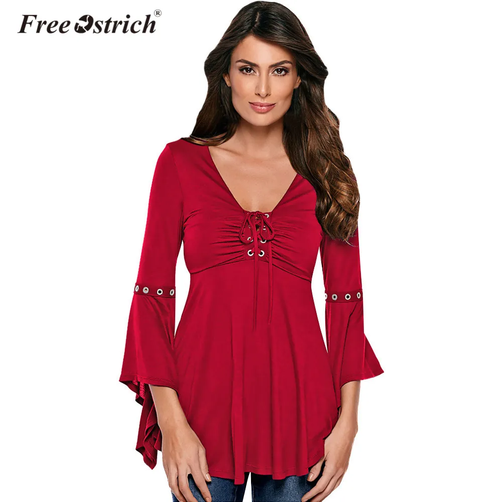 

Free Ostrich T-Shirts Women 2019 Spring Lace Up Loose V Neck Sexy Casual Long Flare Sleeve Leisure Tees Elegant Female A2430