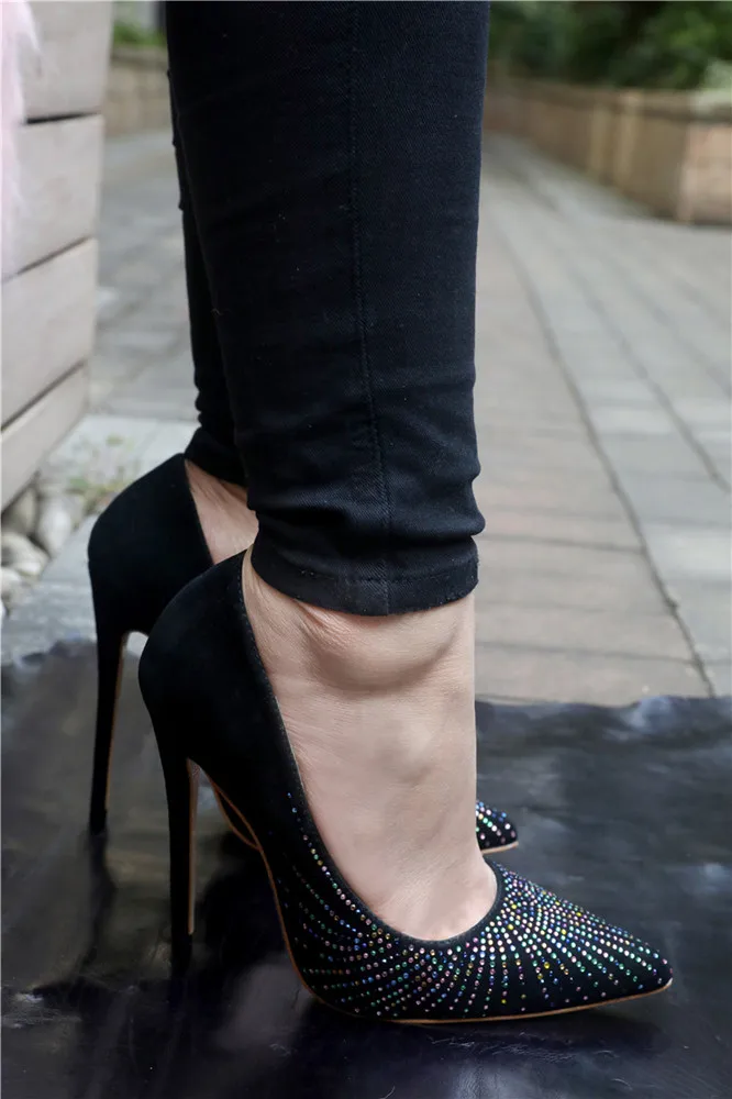 100% реальное изображение, женские туфли на высоком каблуке, весенне-Осенняя обувь, элегантные женские туфли-лодочки со стразами, черные