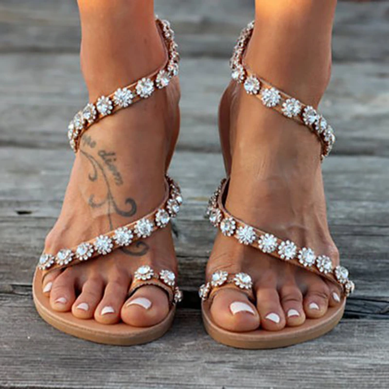 Sandalias planas con cristales brillantes para mujer, de playa, chanclas de talla grande, zapatillas de fondo suave, 43|Sandalias de mujer| - AliExpress