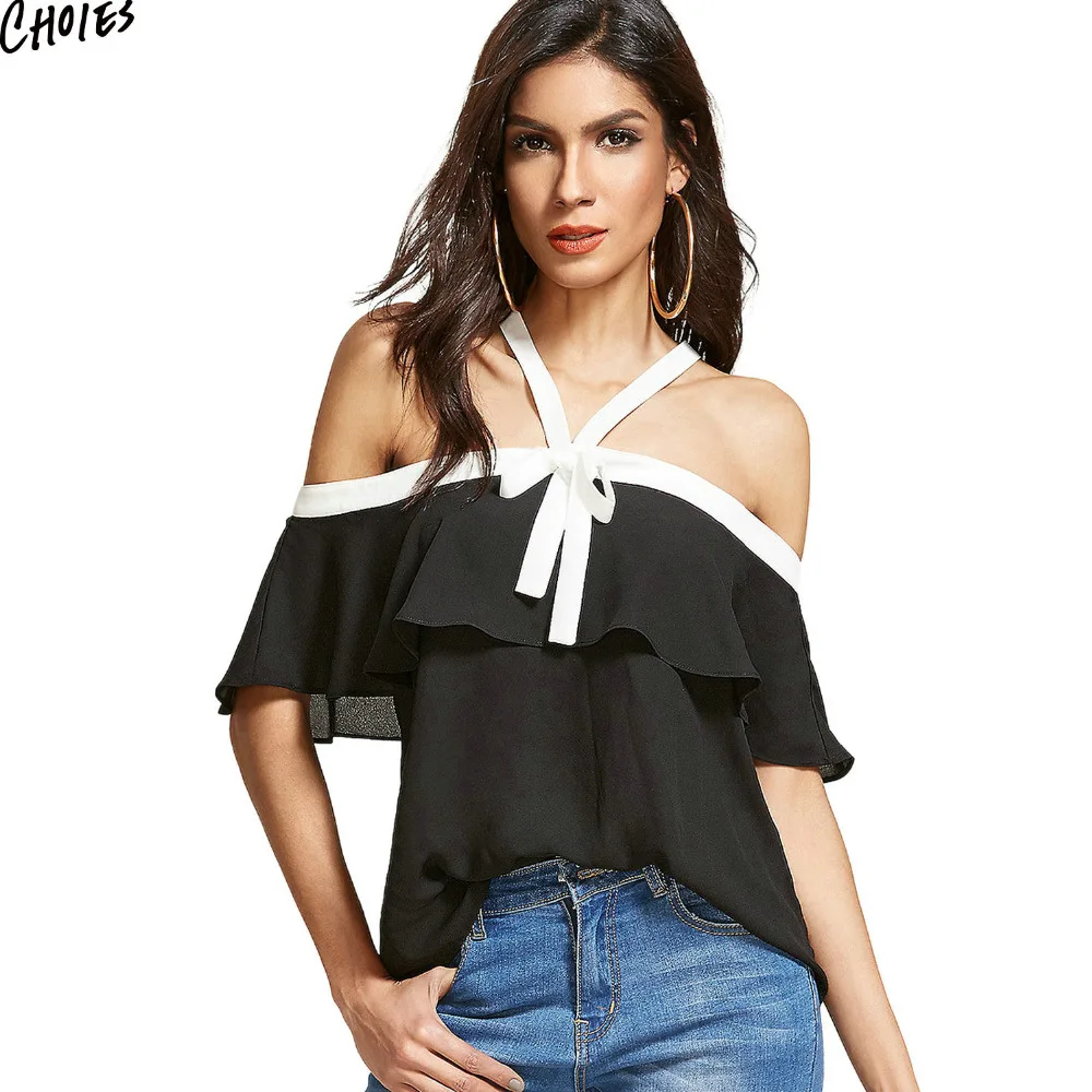 Black Ruffle Halter Off Shoulder Chiffon Blouse Summer Cross Back ...