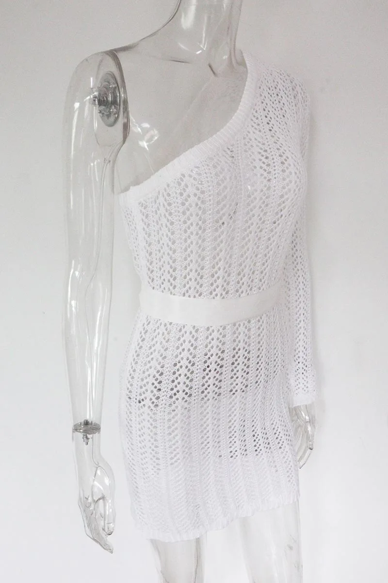 white crochet one shoulder midi dress