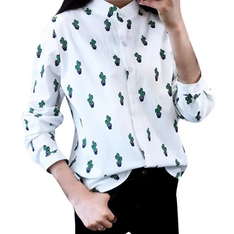 

Autumn Women Blouse Linen Long Sleeve Shirts Cactus Printed White Loose Blouse Leisure Tops Plus Size
