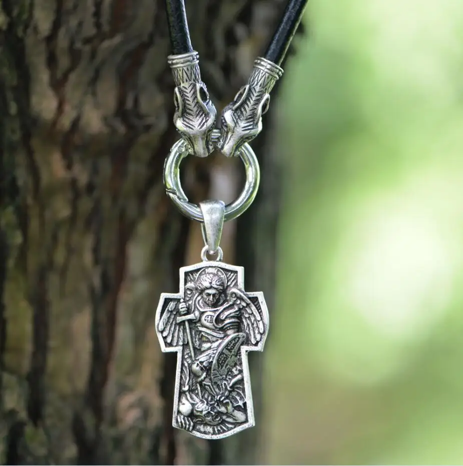 Langhong, 1 шт., Свято-Майкл, Archangel, защита меня, святое Молитвенное ожерелье, религиозное ожерелье, ювелирные изделия-талисманы - Окраска металла: Leather Cord Two