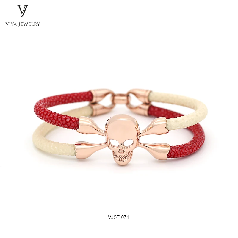 

Customize Stingray leather Bracelets White&Red Mixed Color Stingray Skull Women Bracelet The Best Gift For Friend Has Gift Box