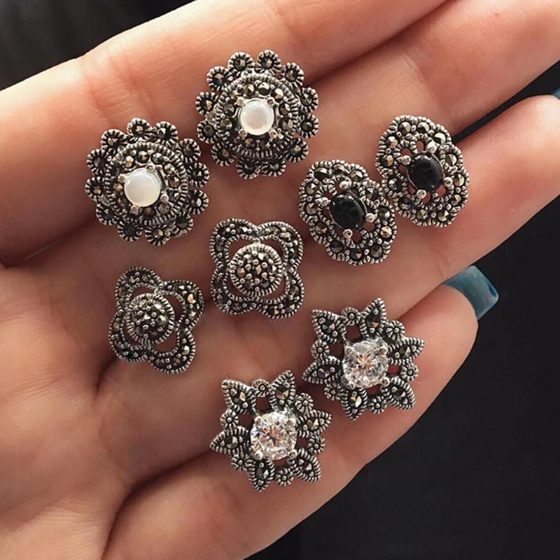 

8 Pcs/set Boho Retro Hollow Flowers Leaves Crystal Opal Irregular Silver Earrings Lady Fine Wedding Jewelry Birthday Gift