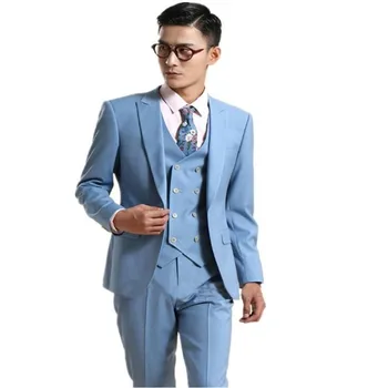 

2017 costume homme Mens Suits terno masculino Light Blue Wedding Suits For Men 3 Piece Slim Fit groom Suit (Jacket+Pants+Vest)