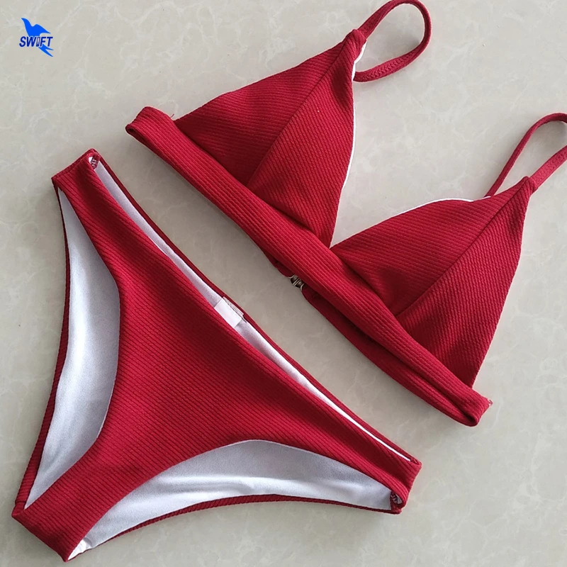 

New Sexy Women Solid Bandage Halter Backless Swimwear Push Up Padded Bra Swimsuit Striped Fabric Bathing Suit Bikini Set Biquini