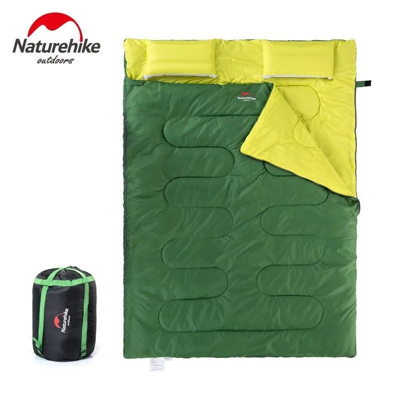Зимний спальный мешок Naturehike для 2 человек+ Подарок, две надувные подушки, ультра-светильник, хлопковый спальный мешок - Цвет: Green