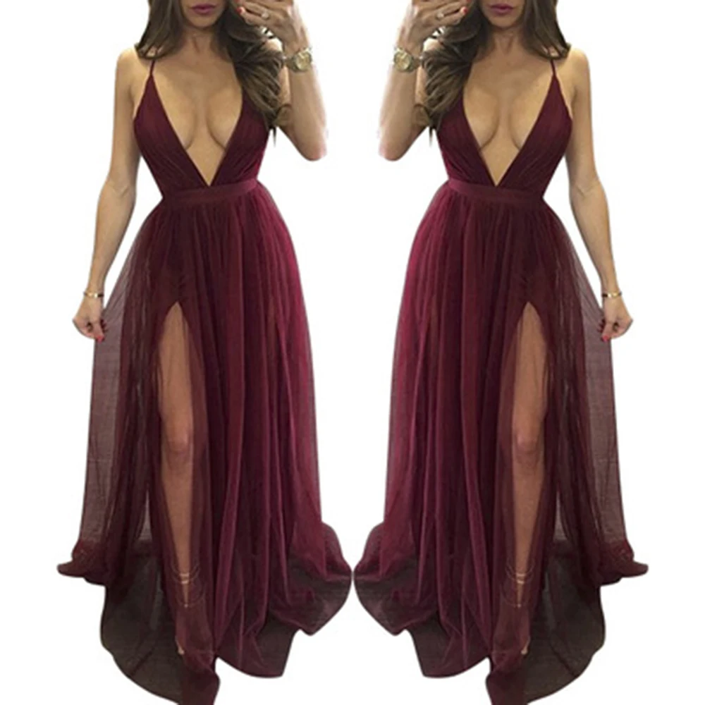 

Charming Long Maxi Mesh Party Dress Women Formal Dress Deep V Neck Sleeveless Backless Sexy Spaghetti Strap White Split Dresses