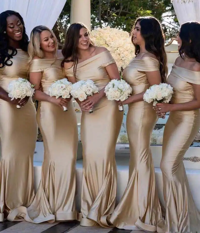 

Cinderella Gorgeous Boat Neck Off The Shoulder Elastic Satin Mermaid Bridesmaid Dresses Sexy Gold Wedding Party Guests Gown