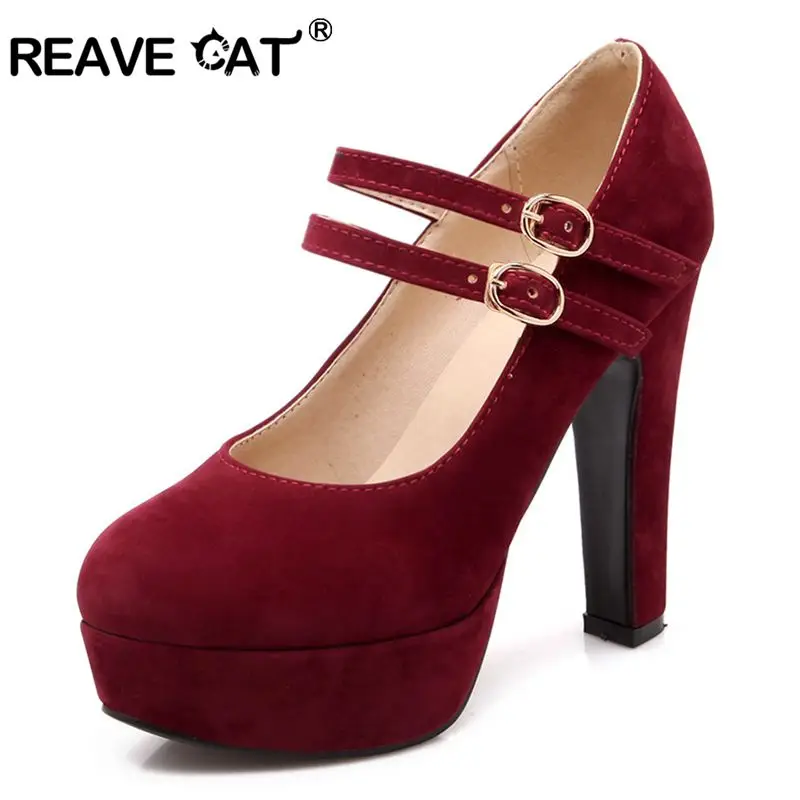 

REAVE CAT Women High Heels Pumps Platform Round toe Thick heels Suede Mary janes bridal shoes Buckle Spring party Big Size 44 47